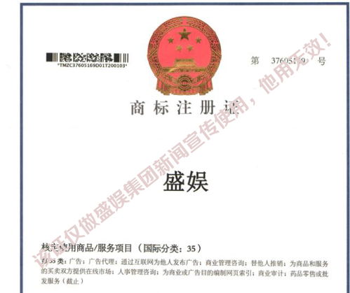 喜訊 熱烈祝賀盛娛國際影業投資集團成功取得多項國家商標證書